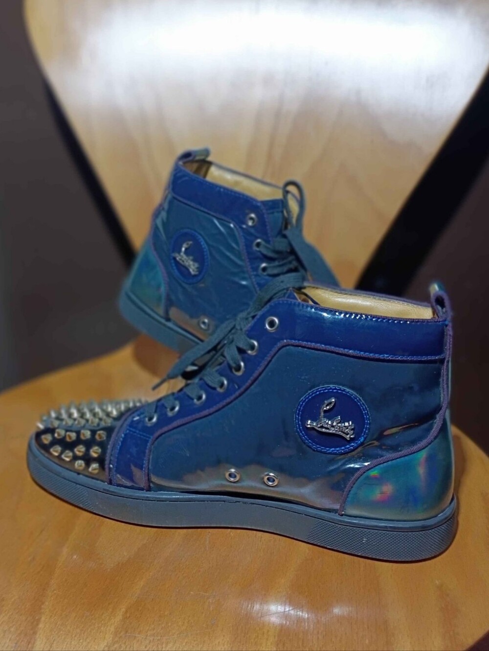Christian Louboutin Spikes High Top Men Sz 11 Psychic Blue Iridescent Gold Spike